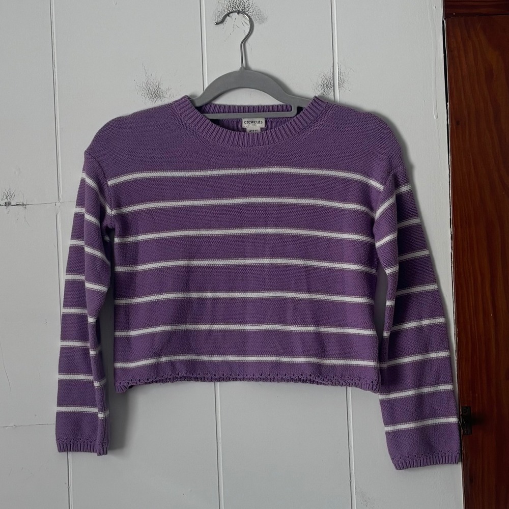 Crewcuts Kids Purple White Striped Cropped‎ Sweater Size L 10-11 Cotton Acrylic